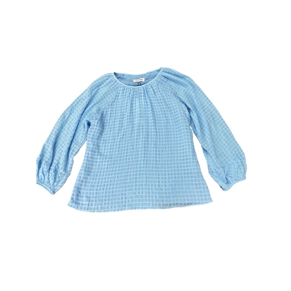 Calvin Klein Women's Sz XS Blue Check Print Puff Long Sleeve Peasant Blouse